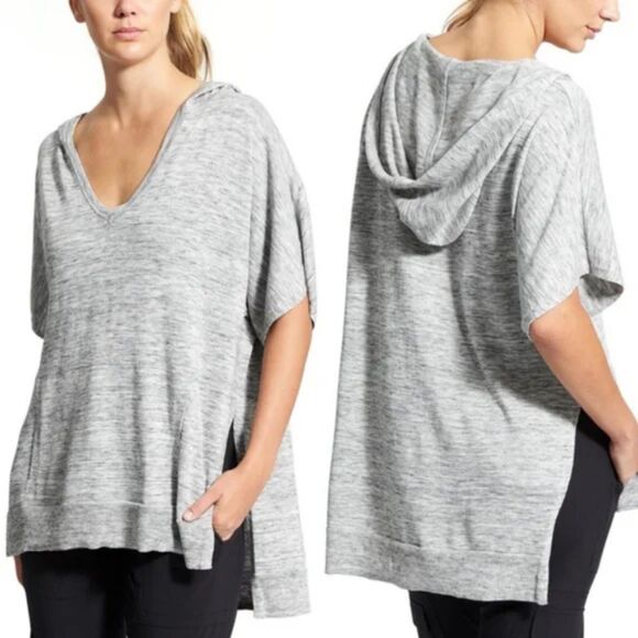 ATHLETA Oversized Short Sleeve Hooded Grey Pullover, Sz XS, Side Slits Cover Up - Picture 2 of 11